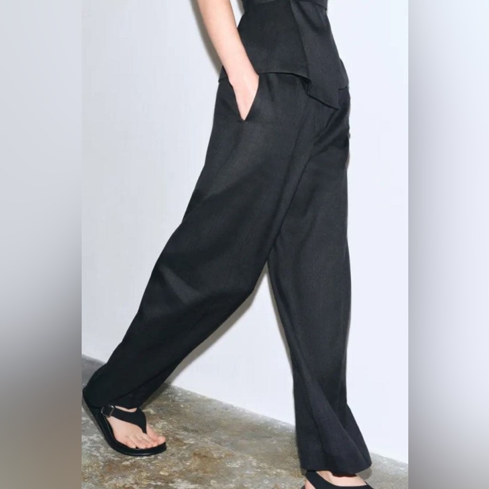 ZARA LINEN BLEND HIGH RISE TAILORED FIT PANTS Black S